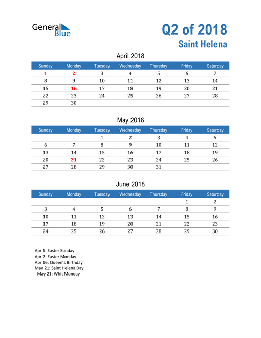  Saint Helena 2018 Quarterly Calendar 