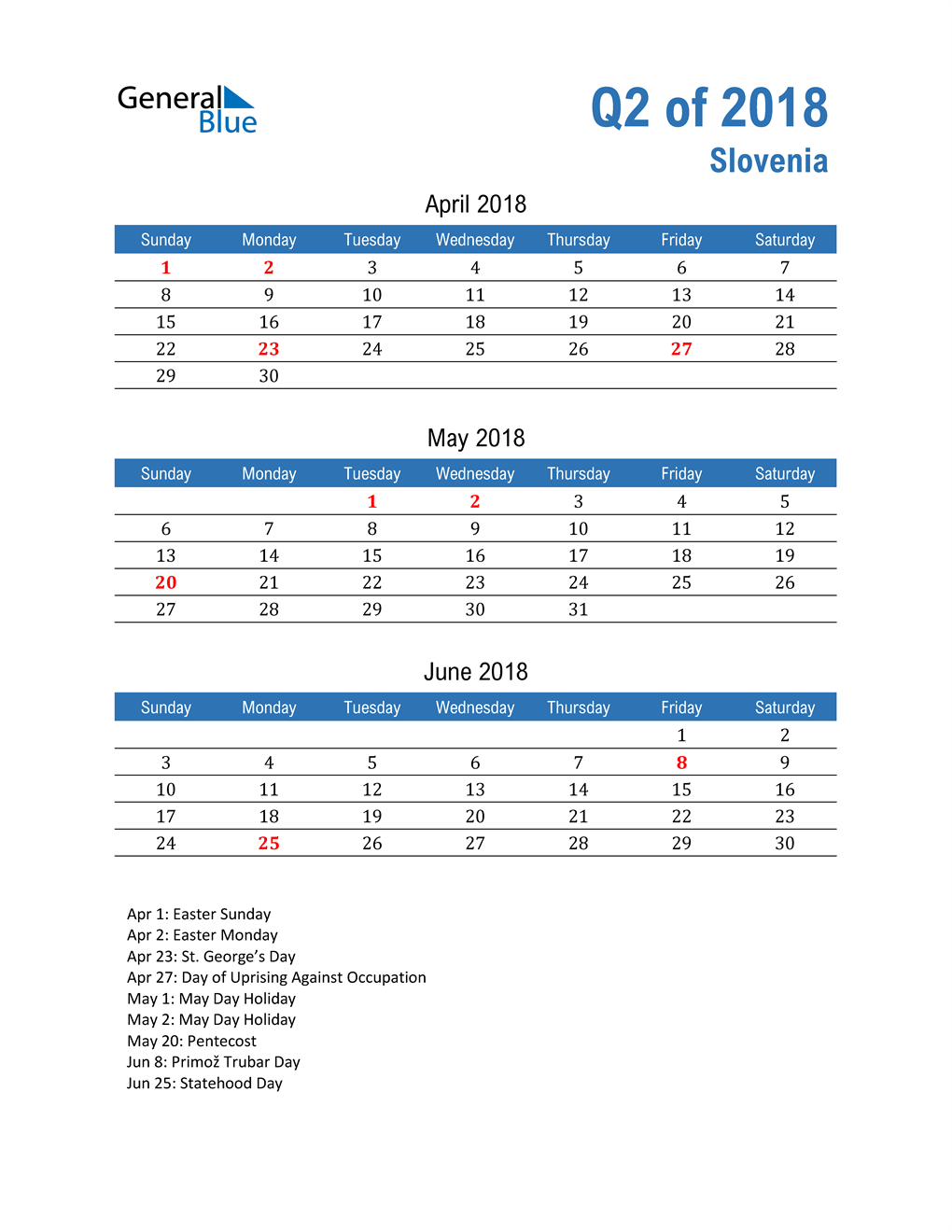  Slovenia 2018 Quarterly Calendar 