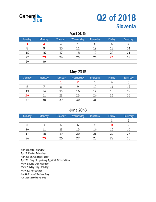  Slovenia 2018 Quarterly Calendar 