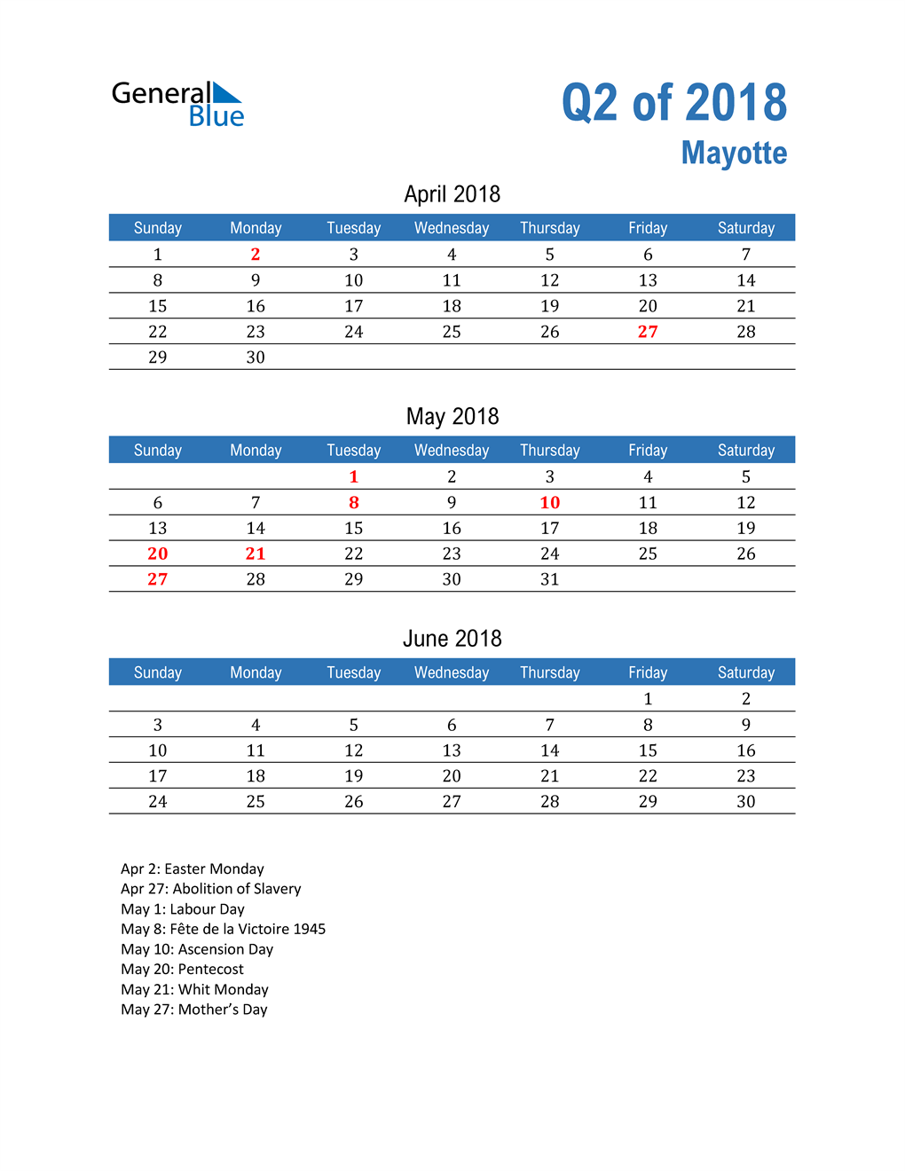  Mayotte 2018 Quarterly Calendar 