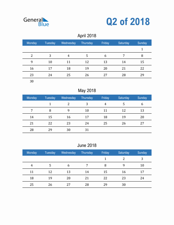 Fillable Quarterly Calendar for Q2 2018