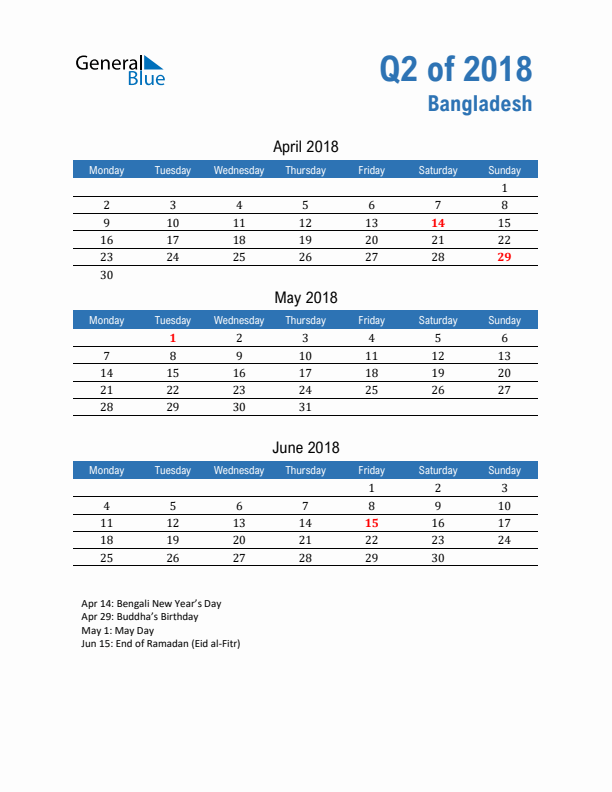 Bangladesh 2018 Quarterly Calendar with Monday Start