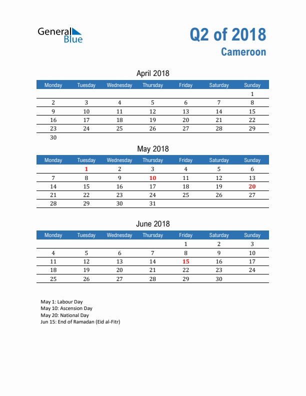 Cameroon 2018 Quarterly Calendar with Monday Start