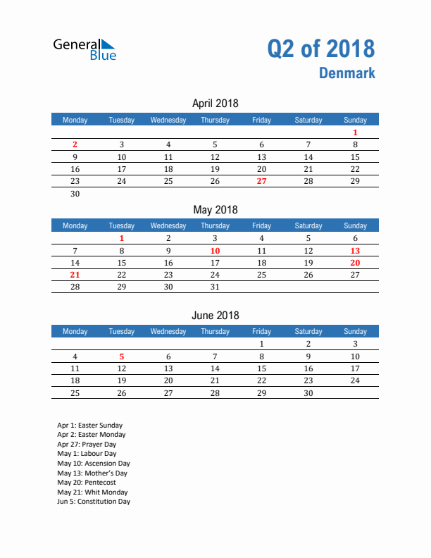 Denmark 2018 Quarterly Calendar with Monday Start