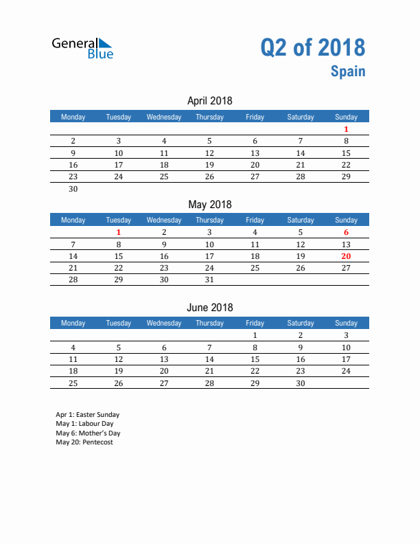 Spain 2018 Quarterly Calendar with Monday Start