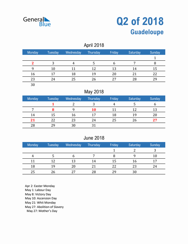 Guadeloupe 2018 Quarterly Calendar with Monday Start