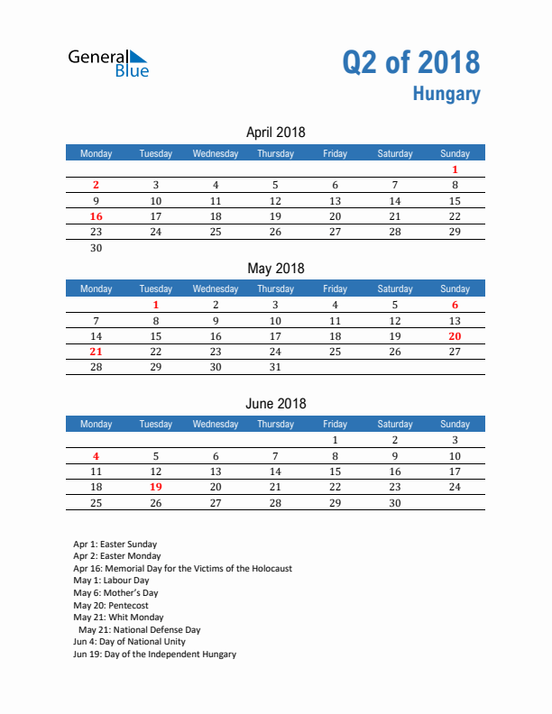 Hungary 2018 Quarterly Calendar with Monday Start
