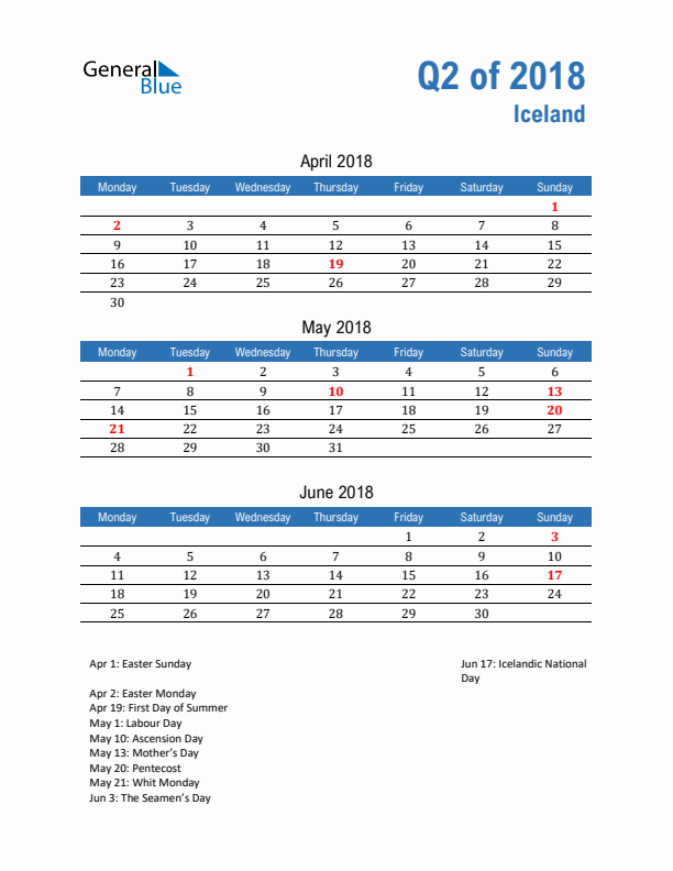 Iceland 2018 Quarterly Calendar with Monday Start