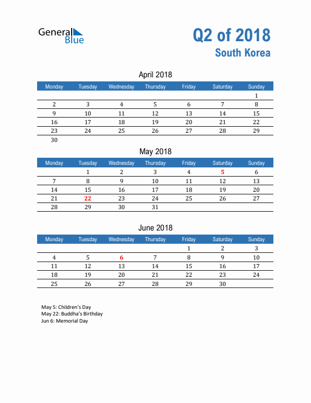 South Korea 2018 Quarterly Calendar with Monday Start