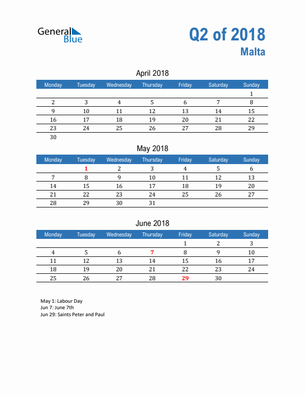 Malta 2018 Quarterly Calendar with Monday Start