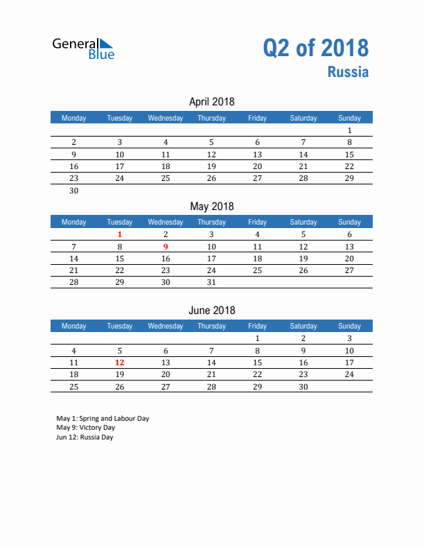 Russia 2018 Quarterly Calendar with Monday Start