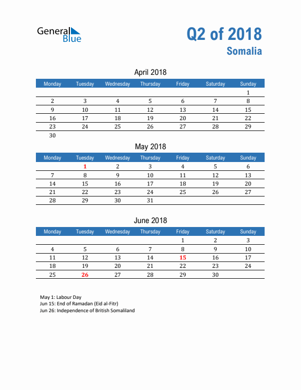 Somalia 2018 Quarterly Calendar with Monday Start