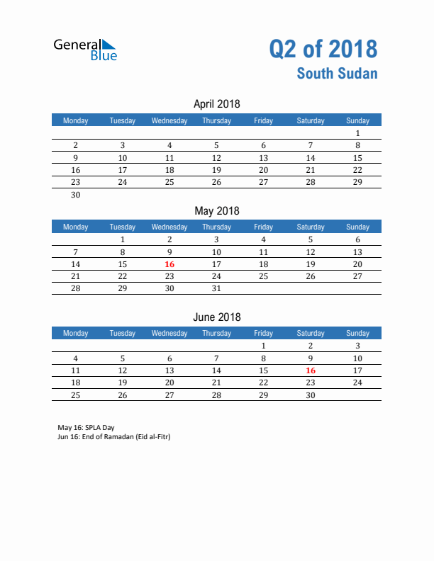 South Sudan 2018 Quarterly Calendar with Monday Start
