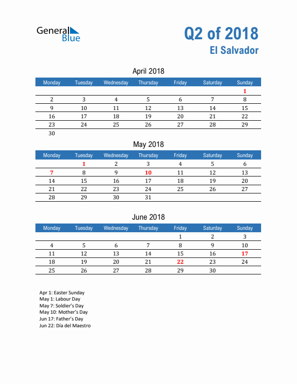 El Salvador 2018 Quarterly Calendar with Monday Start