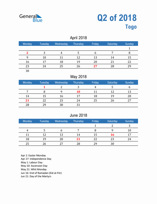 Togo 2018 Quarterly Calendar with Monday Start