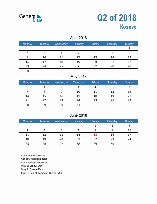 Kosovo 2018 Quarterly Calendar with Monday Start