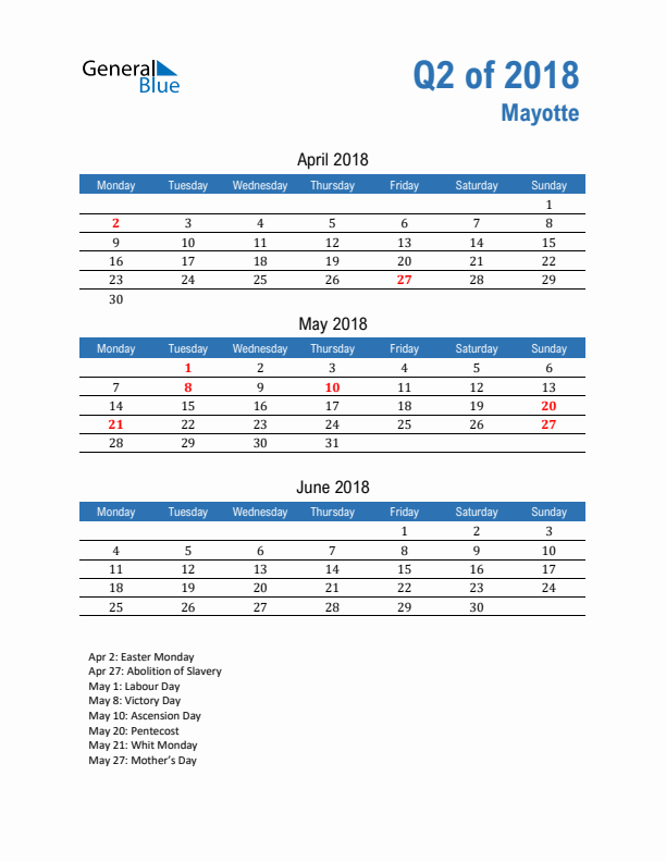 Mayotte 2018 Quarterly Calendar with Monday Start
