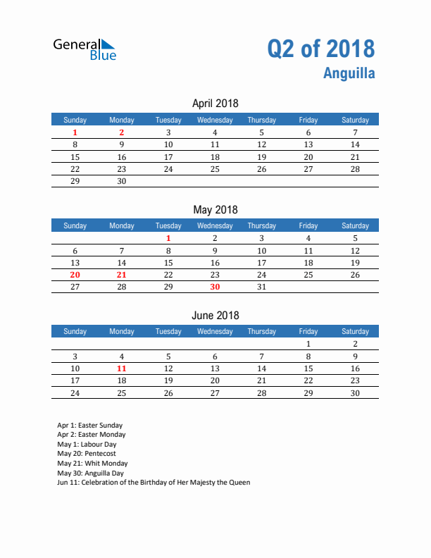 Anguilla 2018 Quarterly Calendar with Sunday Start