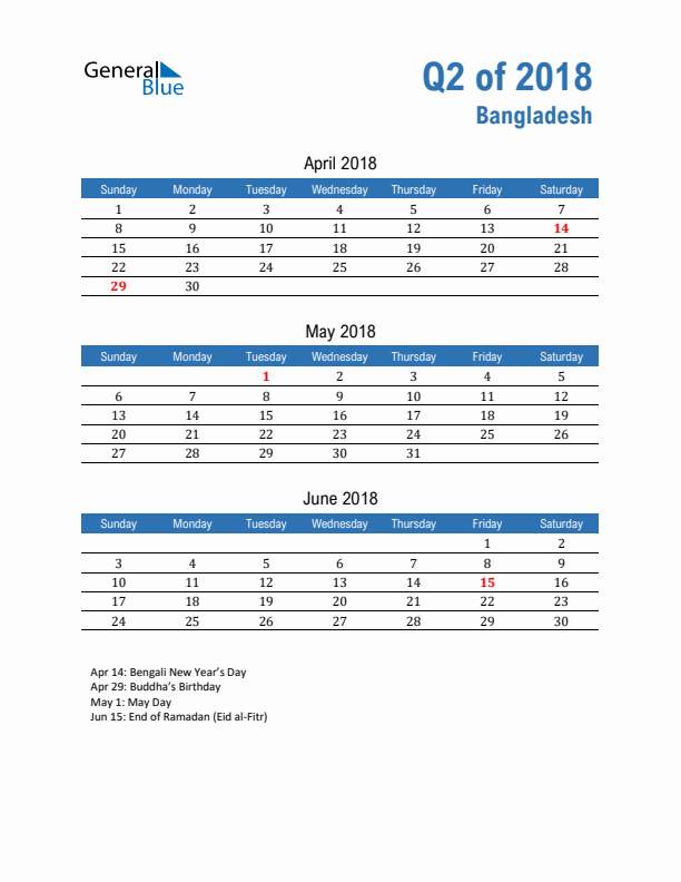 Bangladesh 2018 Quarterly Calendar with Sunday Start