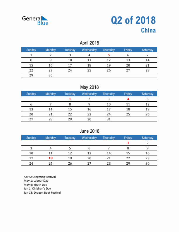 China 2018 Quarterly Calendar with Sunday Start