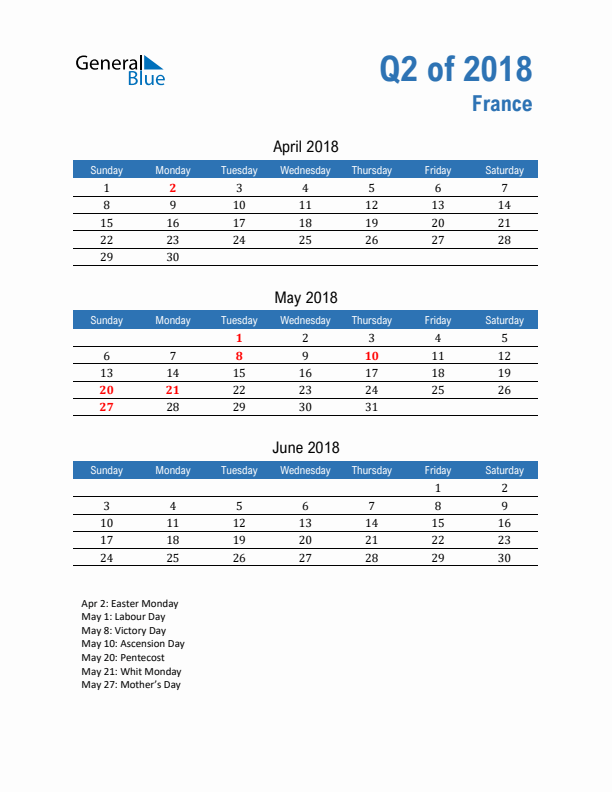 France 2018 Quarterly Calendar with Sunday Start