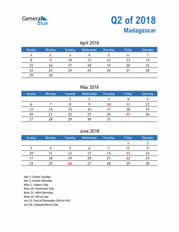 Madagascar 2018 Quarterly Calendar with Sunday Start