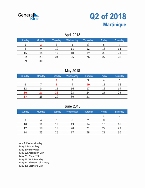 Martinique 2018 Quarterly Calendar with Sunday Start