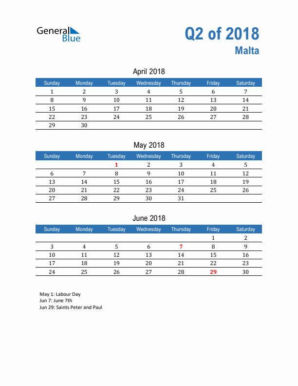 Malta 2018 Quarterly Calendar with Sunday Start