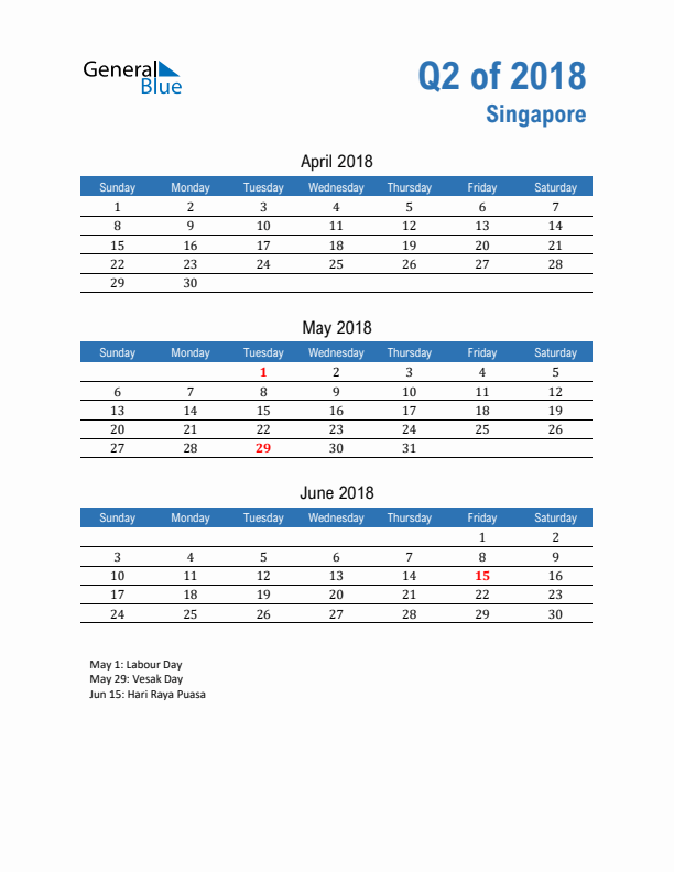 Singapore 2018 Quarterly Calendar with Sunday Start