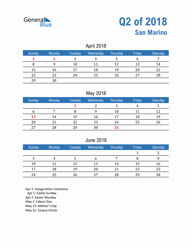 San Marino 2018 Quarterly Calendar with Sunday Start