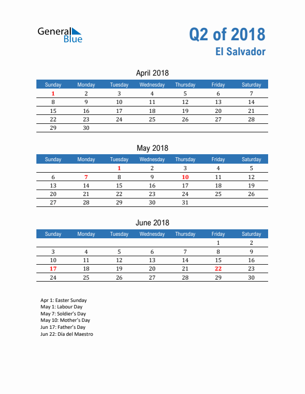 El Salvador 2018 Quarterly Calendar with Sunday Start