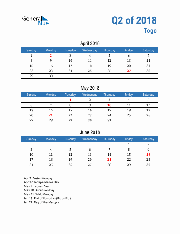 Togo 2018 Quarterly Calendar with Sunday Start