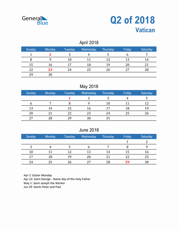Vatican 2018 Quarterly Calendar with Sunday Start