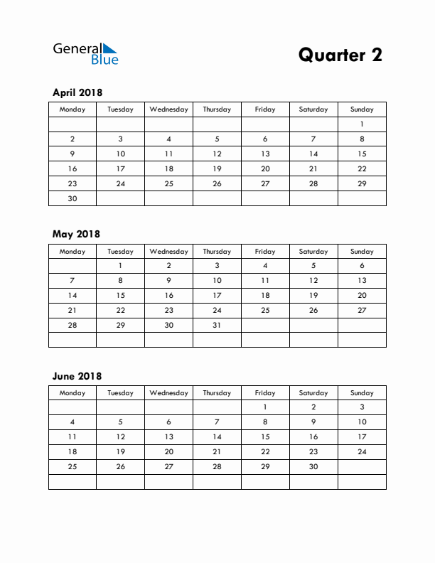 Quarter 2 2018 Calendar - Monday Start