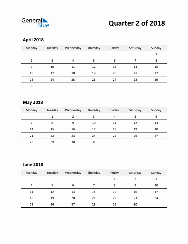 2018 Three-Month Calendar (Quarter 2)