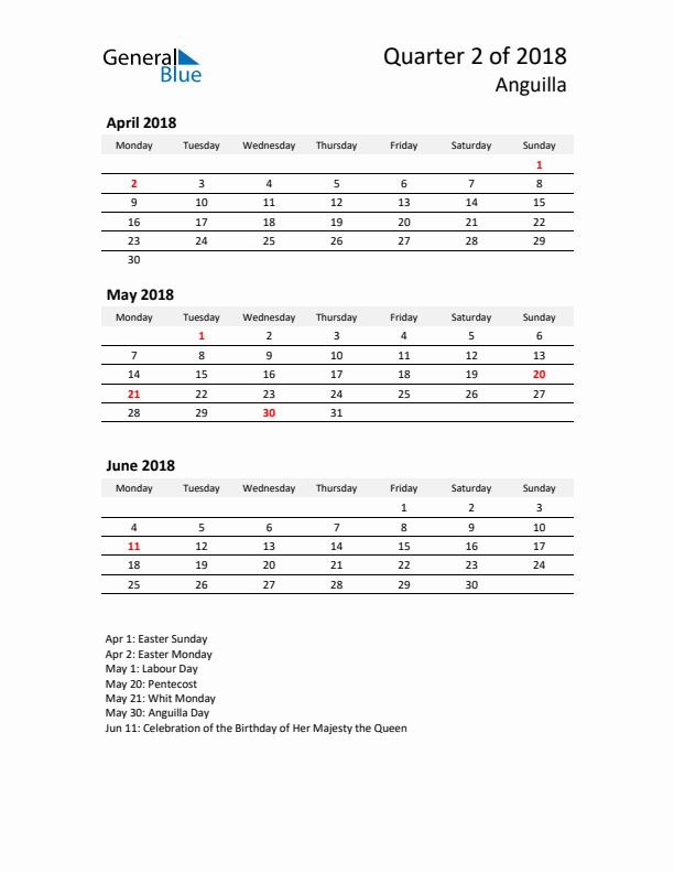 2018 Three-Month Calendar for Anguilla