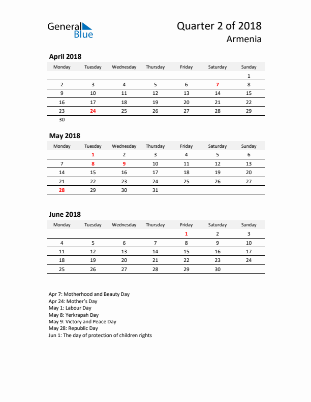 2018 Three-Month Calendar for Armenia