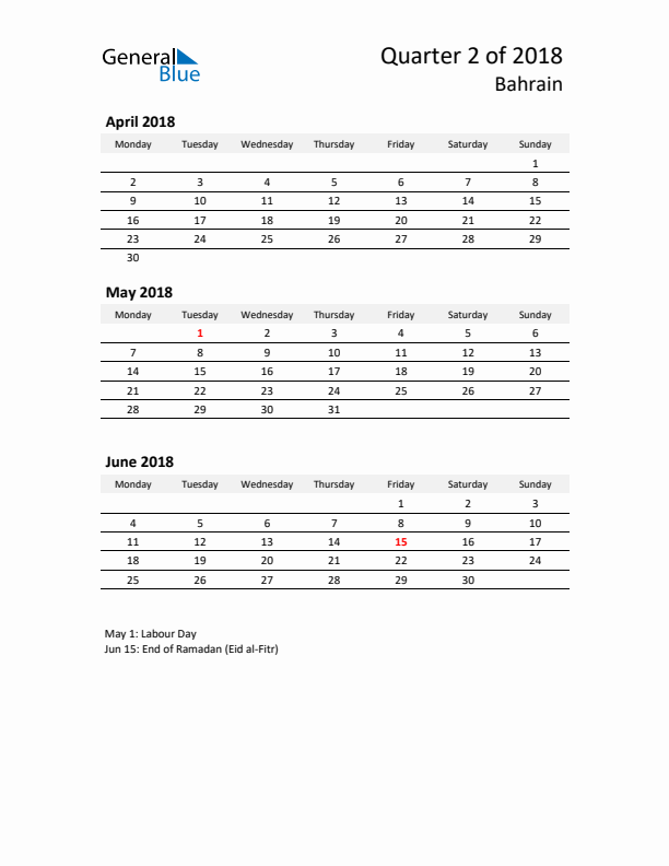 2018 Three-Month Calendar for Bahrain