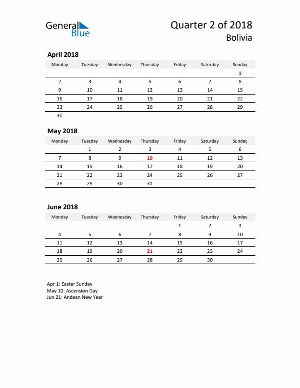 2018 Three-Month Calendar for Bolivia