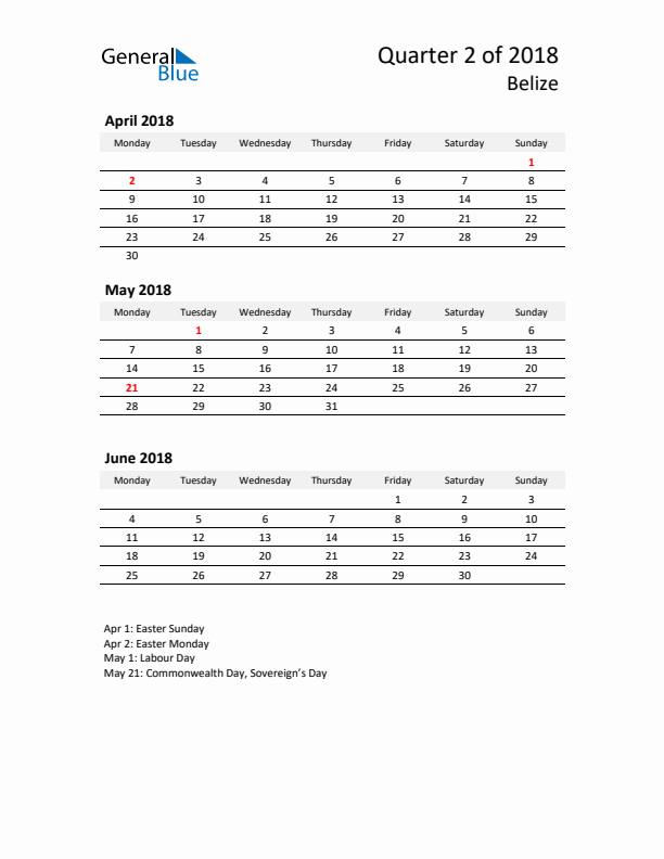 2018 Three-Month Calendar for Belize