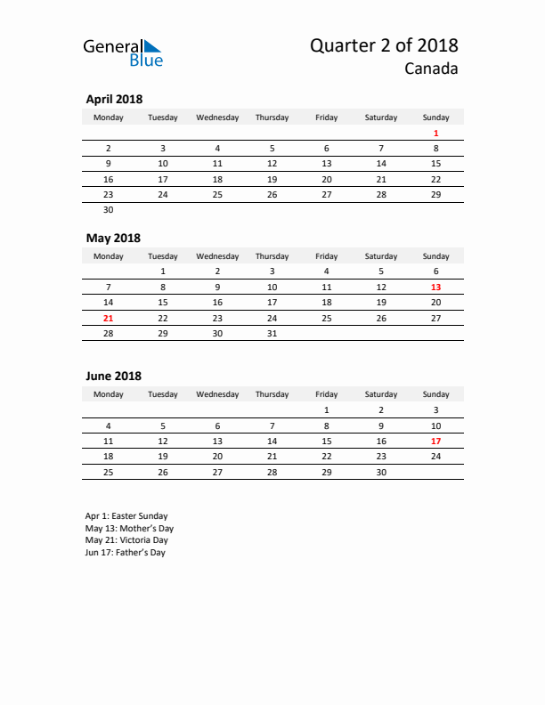 2018 Three-Month Calendar for Canada