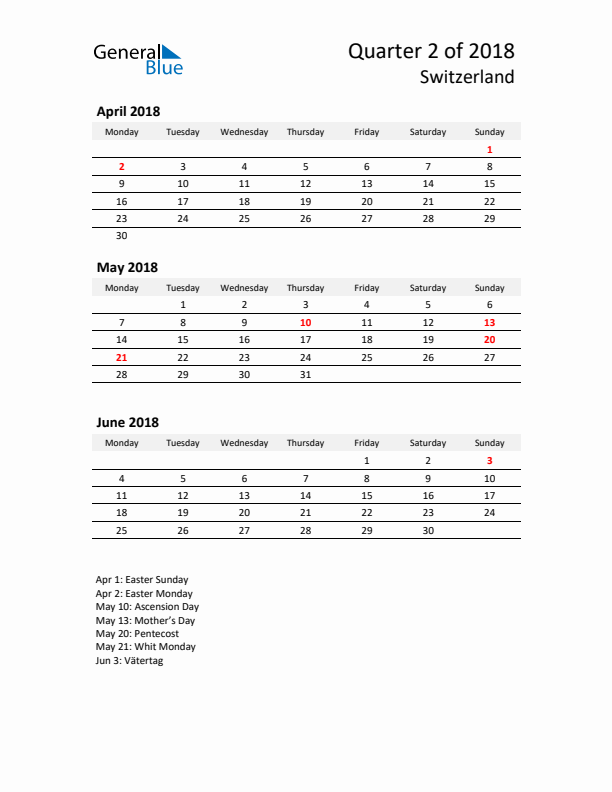 2018 Three-Month Calendar for Switzerland