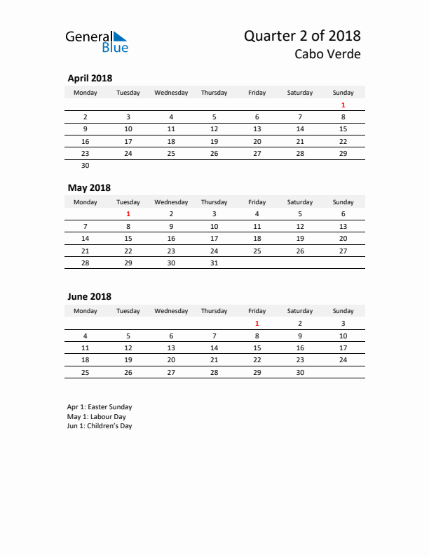 2018 Three-Month Calendar for Cabo Verde