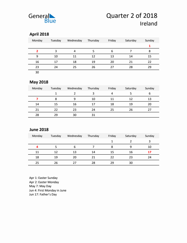 2018 Three-Month Calendar for Ireland