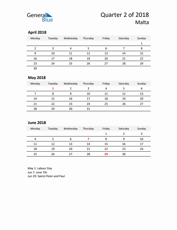 2018 Three-Month Calendar for Malta