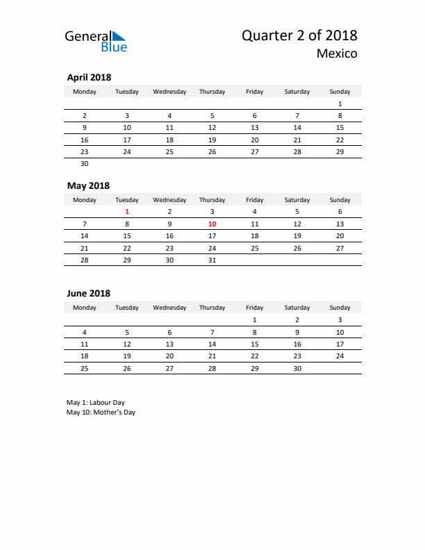 2018 Three-Month Calendar for Mexico