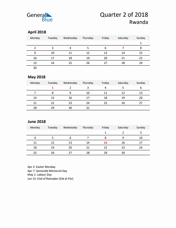 2018 Three-Month Calendar for Rwanda