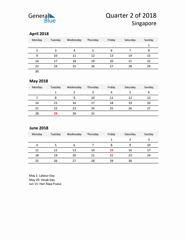 2018 Three-Month Calendar for Singapore