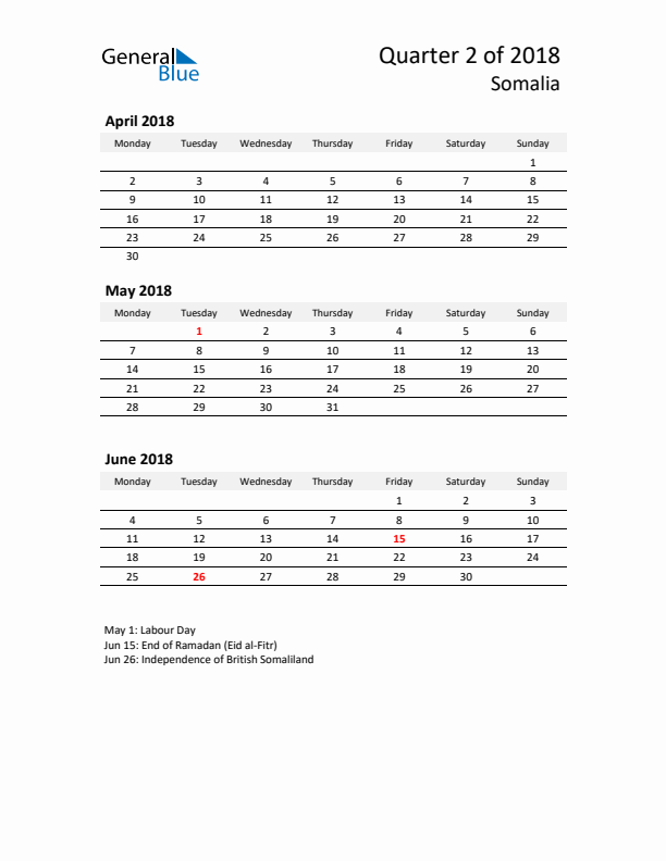 2018 Three-Month Calendar for Somalia