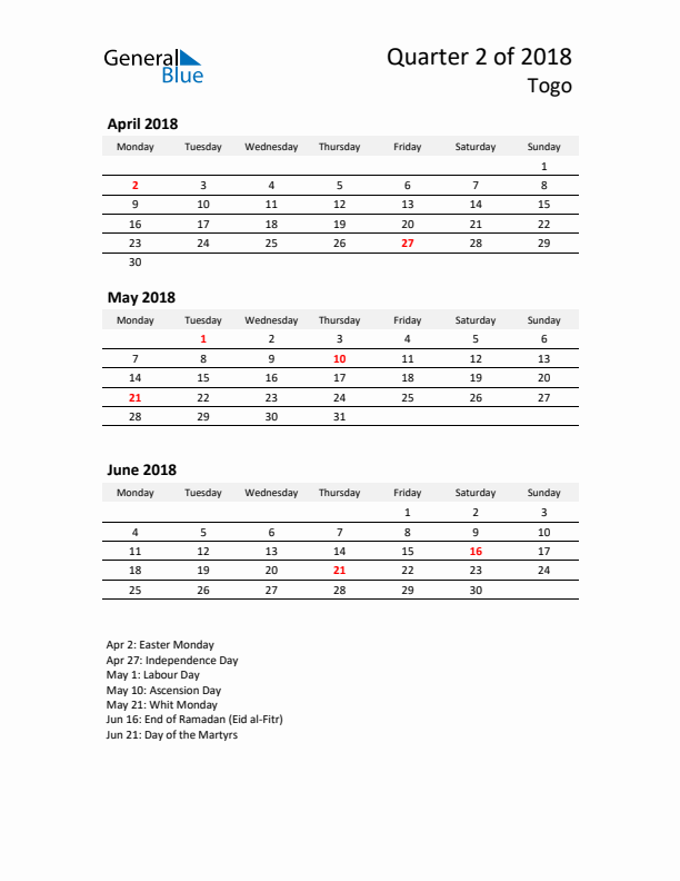 2018 Three-Month Calendar for Togo
